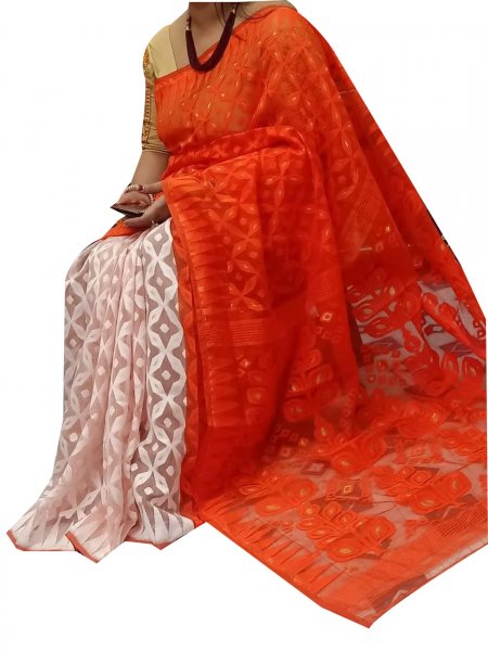 White and orange dhakai jamdani high quality saree